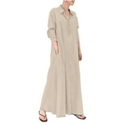 Ersazi Womens Dresses Summer in Clearance Women's Cotton Linen Turndown Collar Long Sleeve Pocket Loose Long Shirt Dress Khaki S
